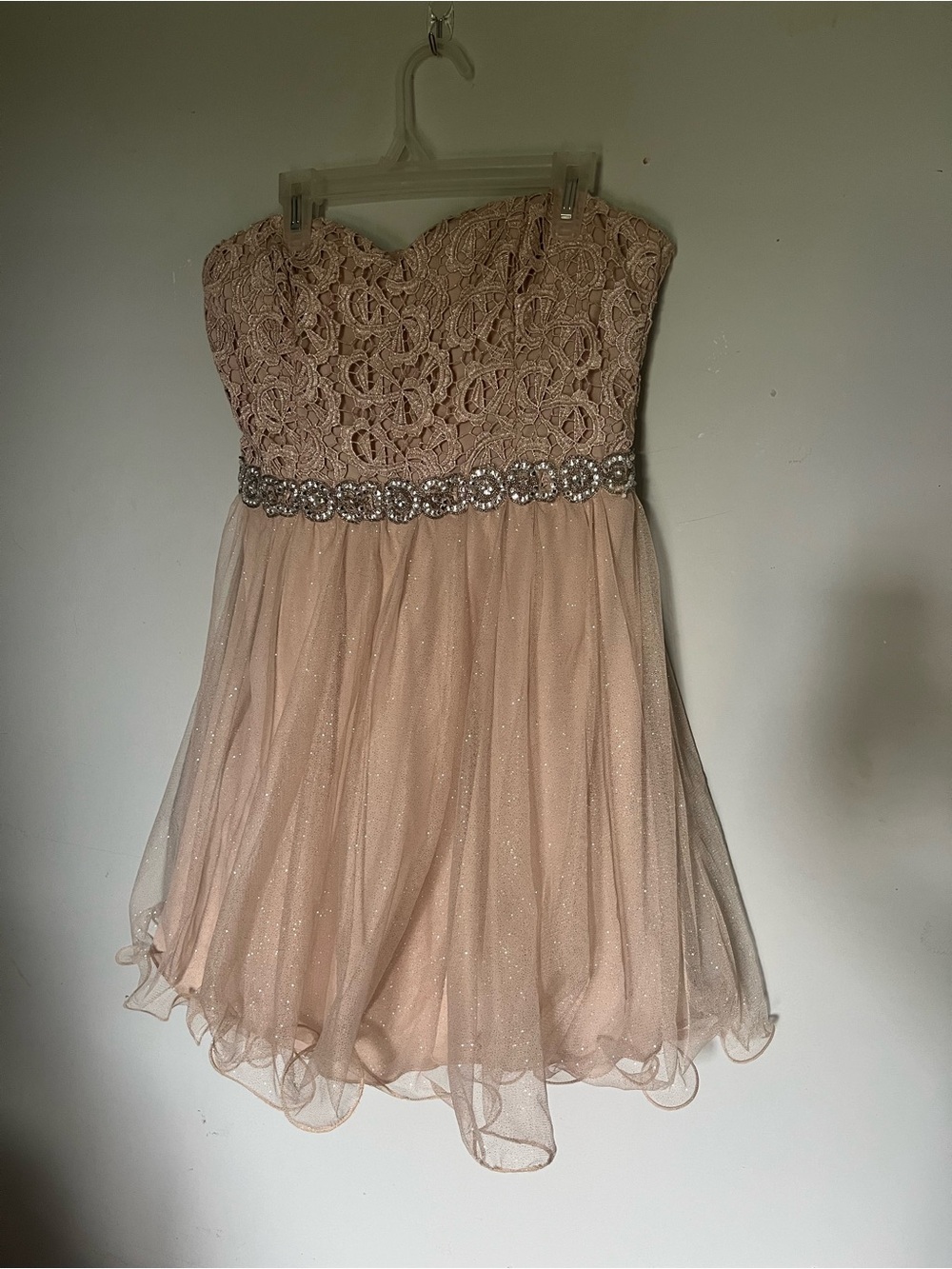 City Studio Sparkle Lace Strapless Mini Dress in Blush Pink